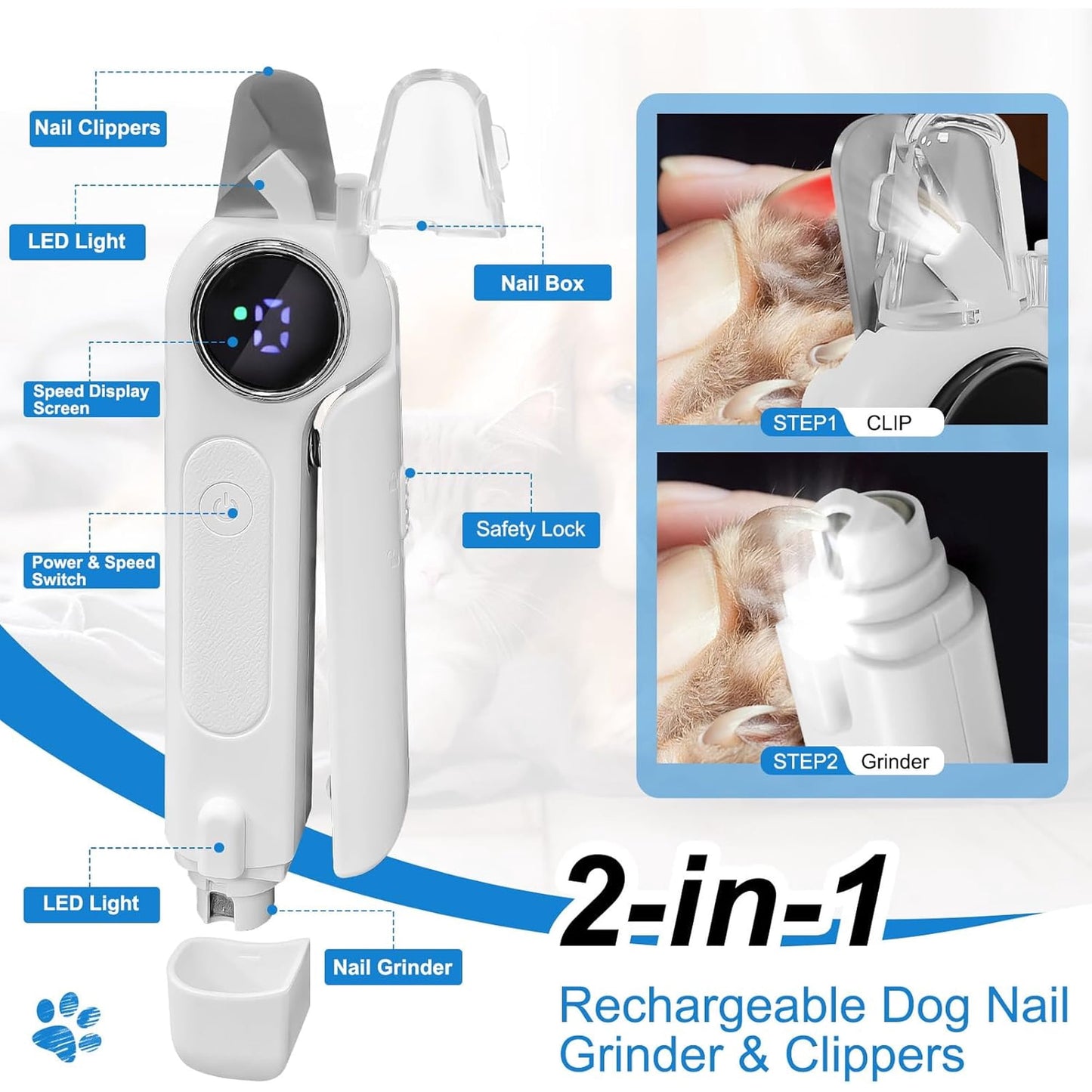 OEIKPFN 2-in-1 Dog Nail Clippers and Grinder, Electric Nail Trimmer for Large Medium Small Dogs & Cats with Splash Guard & LED Lights, Usb Rechargeable, Safe & Painless