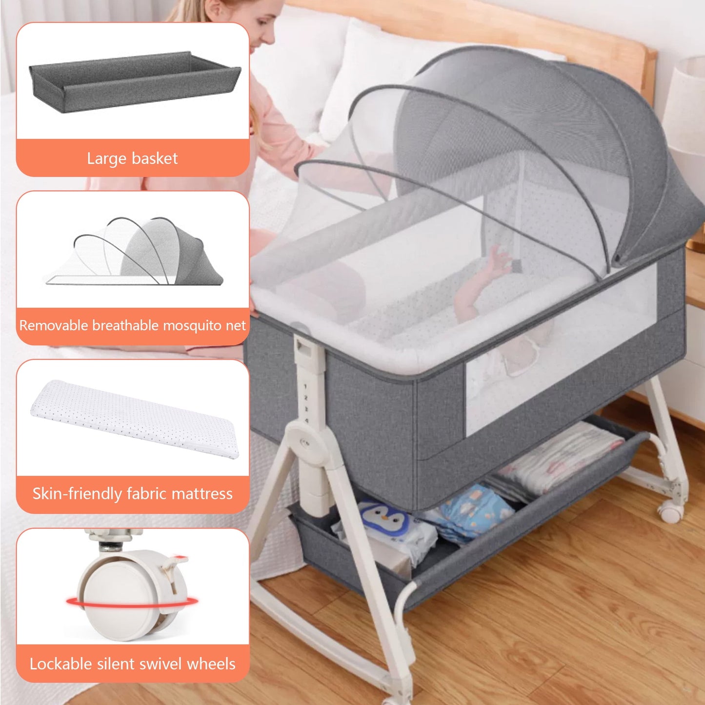 OEIKPFN Baby Bassinet, 3 in 1 Bedside Sleeper with Storage Basket, Easy to Fold Bedside Crib, 0-24 Month, Gray