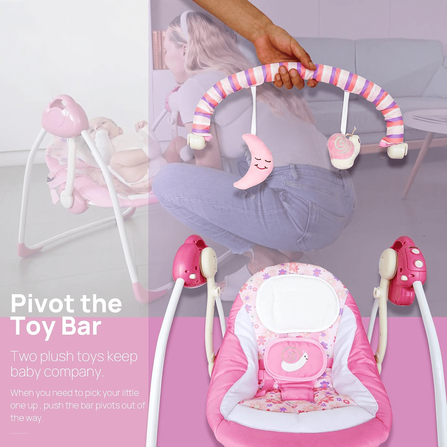 OEIKPFN Baby Swing, Foldable Baby Swing for Infants with Adaptable Speeds, Music, 0-9 Months, Pink