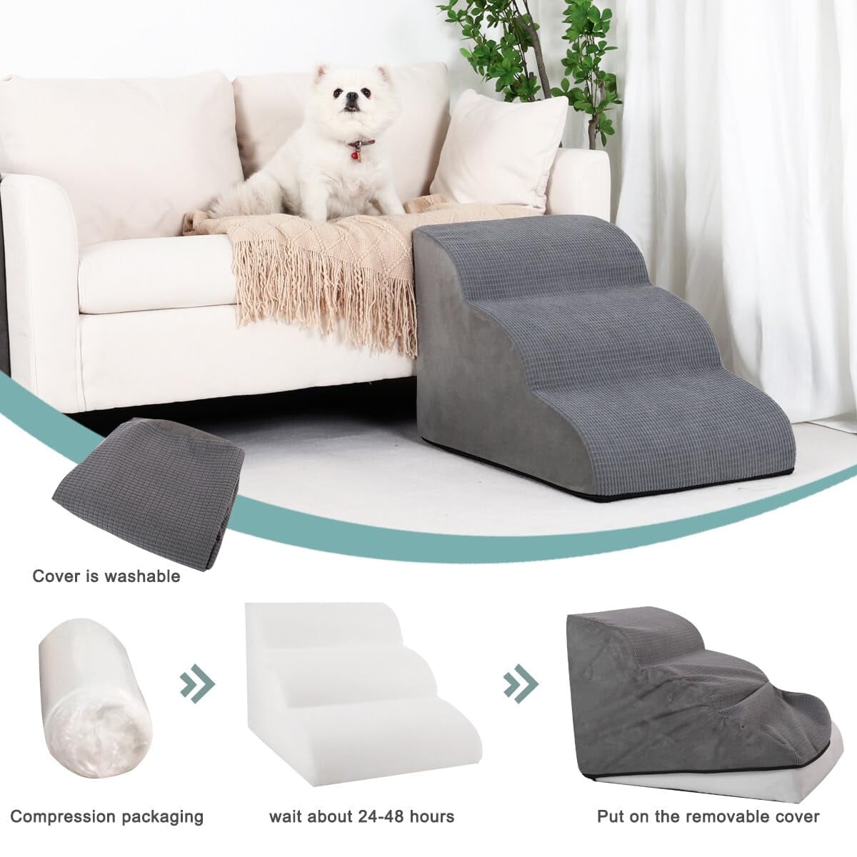 3 Tiers Dog Ramp and Stairs for Beds Or Couches - Non-Slip Sturdy Pet Steps - for Small Dogs to get on High Bed