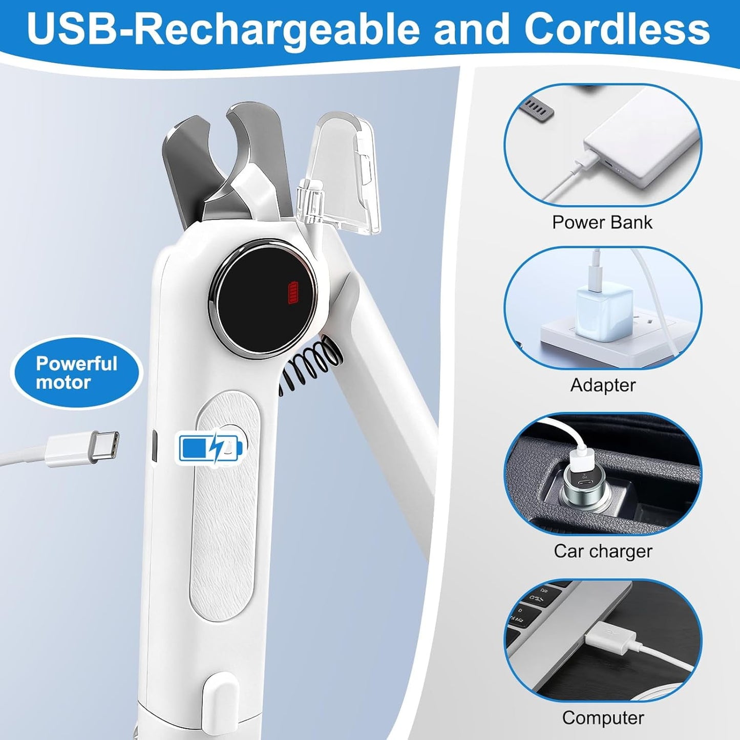 OEIKPFN 2-in-1 Dog Nail Clippers and Grinder, Electric Nail Trimmer for Large Medium Small Dogs & Cats with Splash Guard & LED Lights, Usb Rechargeable, Safe & Painless