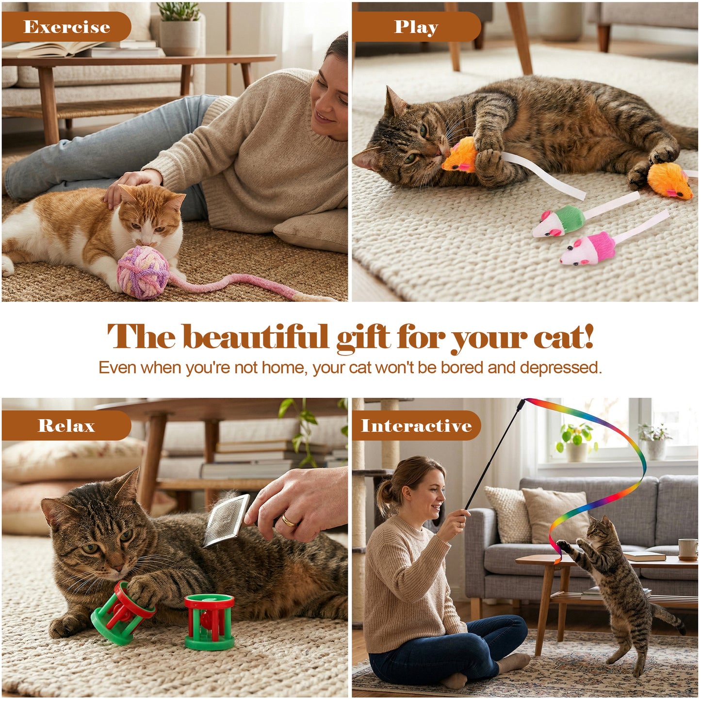 OEIKPFN 31Pcs Cat Toys Kitten Toys, Interactive Kitty Toys with Collapsible Cat Tunnels Tent, Cat Wand Catnip Feather Teaser