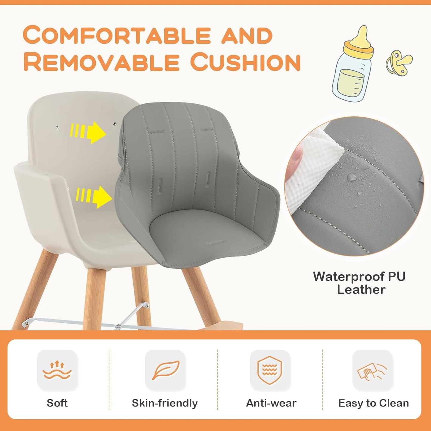 High Chair, 3-in-1 Convertible Wooden High Chair with Adjustable Legs & Removable Tray, Gray
