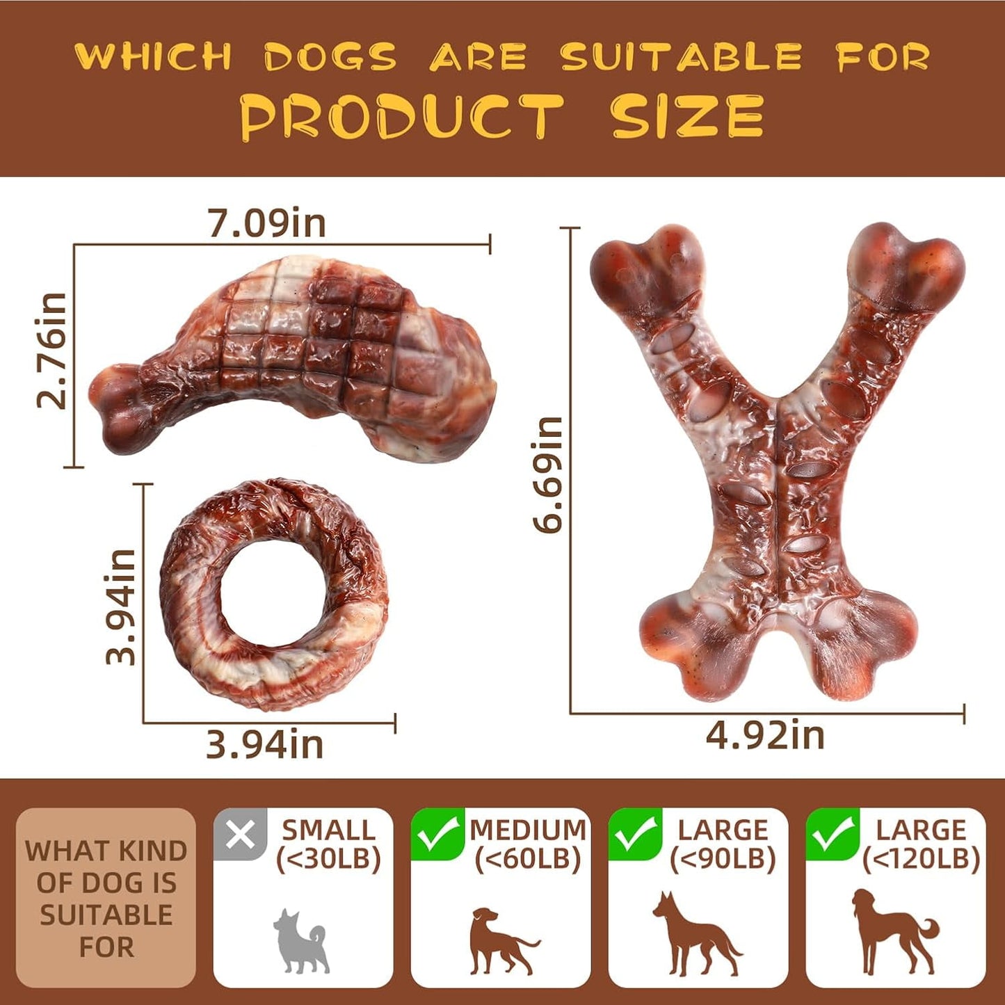 Dog Toys for Aggressive Chewers - 3 Pack Bacon Flavored Indestructible Dog Toy, Big Tough Chew Bone for Medium Large Breed 25-80lbs to Keep Them Busy, Happy Dog Gift (Brown)