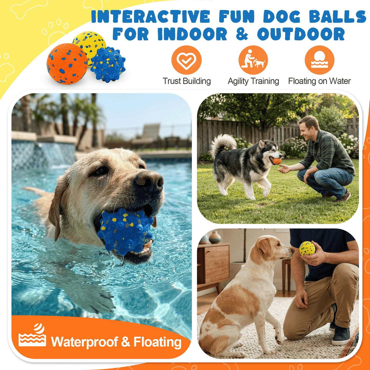 OEIKPFN Dog Balls Interactive Tennis Balls for Dogs, Dog Toys for Aggressive Chewers, 3" Fetch Ball Water Toy for Small/Medium Breed for Teething, 3 Pack
