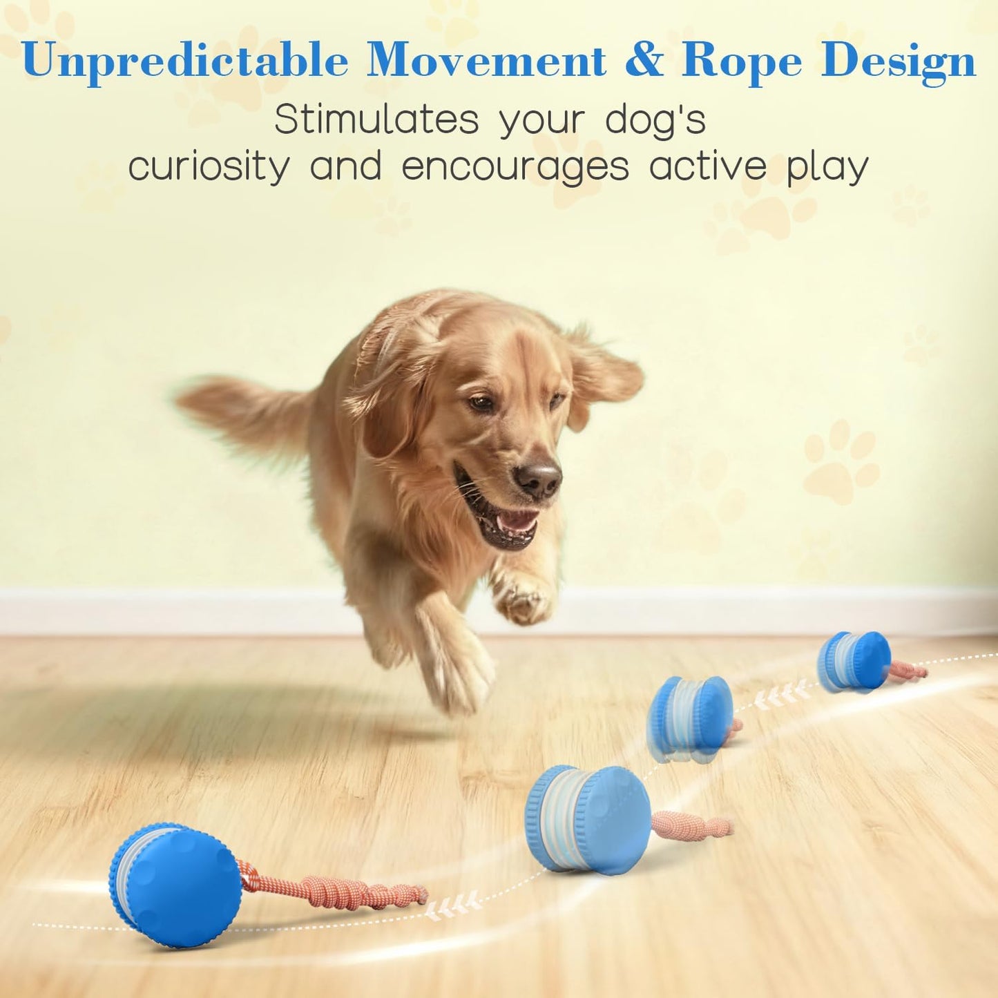 OEIKPFN Interactive Dog Toy – Automatic Electric Rolling Ball with Rope, Motion-Activated Play, Random Movement, Rechargeable, Ideal for Boredom Relief for All Dog Sizes, Blue
