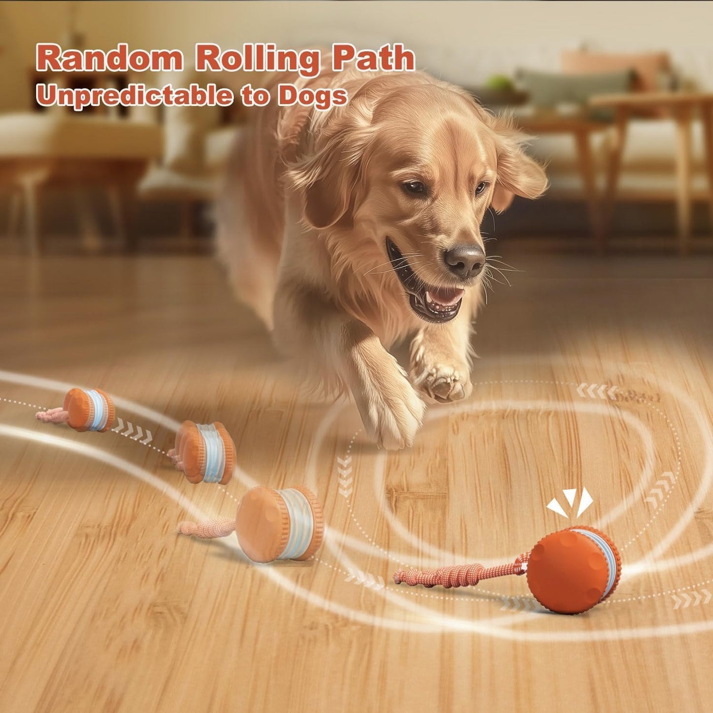 Interactive Dog Toys, OEIKPFN Random Path Automatic Moving and Rolling Dogs Toy with Rope for Small Medium Large Dogs, Motion-Activated Dog Stimulation Toy for Boredom Relief, Orange