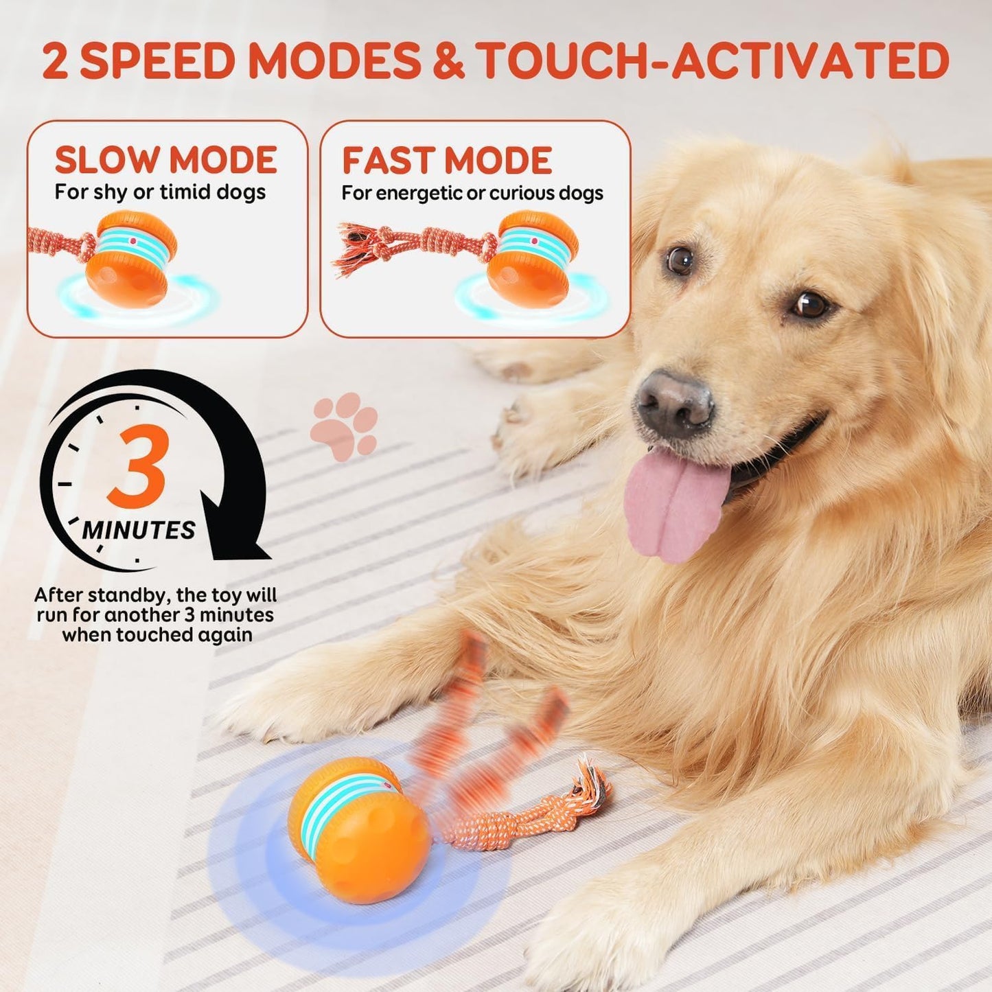Interactive Dog Toys, OEIKPFN Random Path Automatic Moving and Rolling Dogs Toy with Rope for Small Medium Large Dogs, Motion-Activated Dog Stimulation Toy for Boredom Relief, Orange