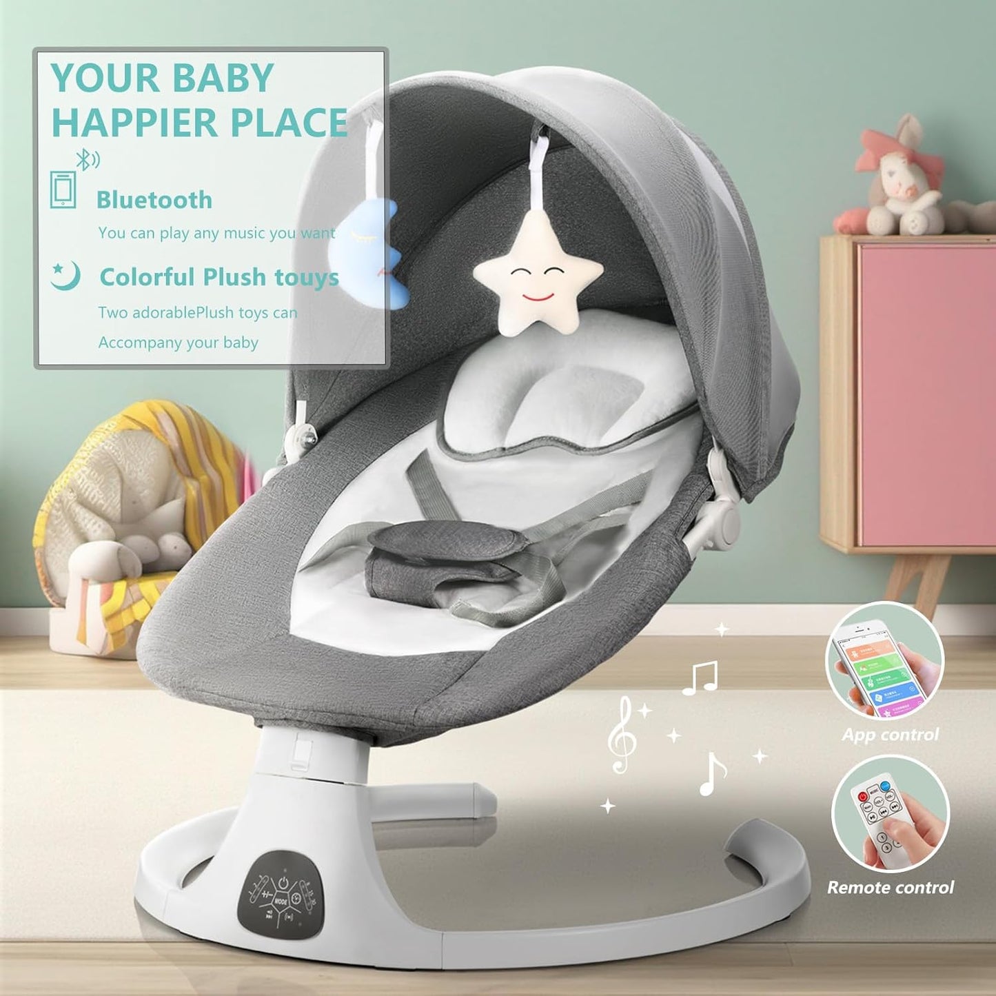 OEIKPFN Electric Baby Swing for Infants Bouncer for Boy Girl with Remote Control, 5 Speeds, 10 Music