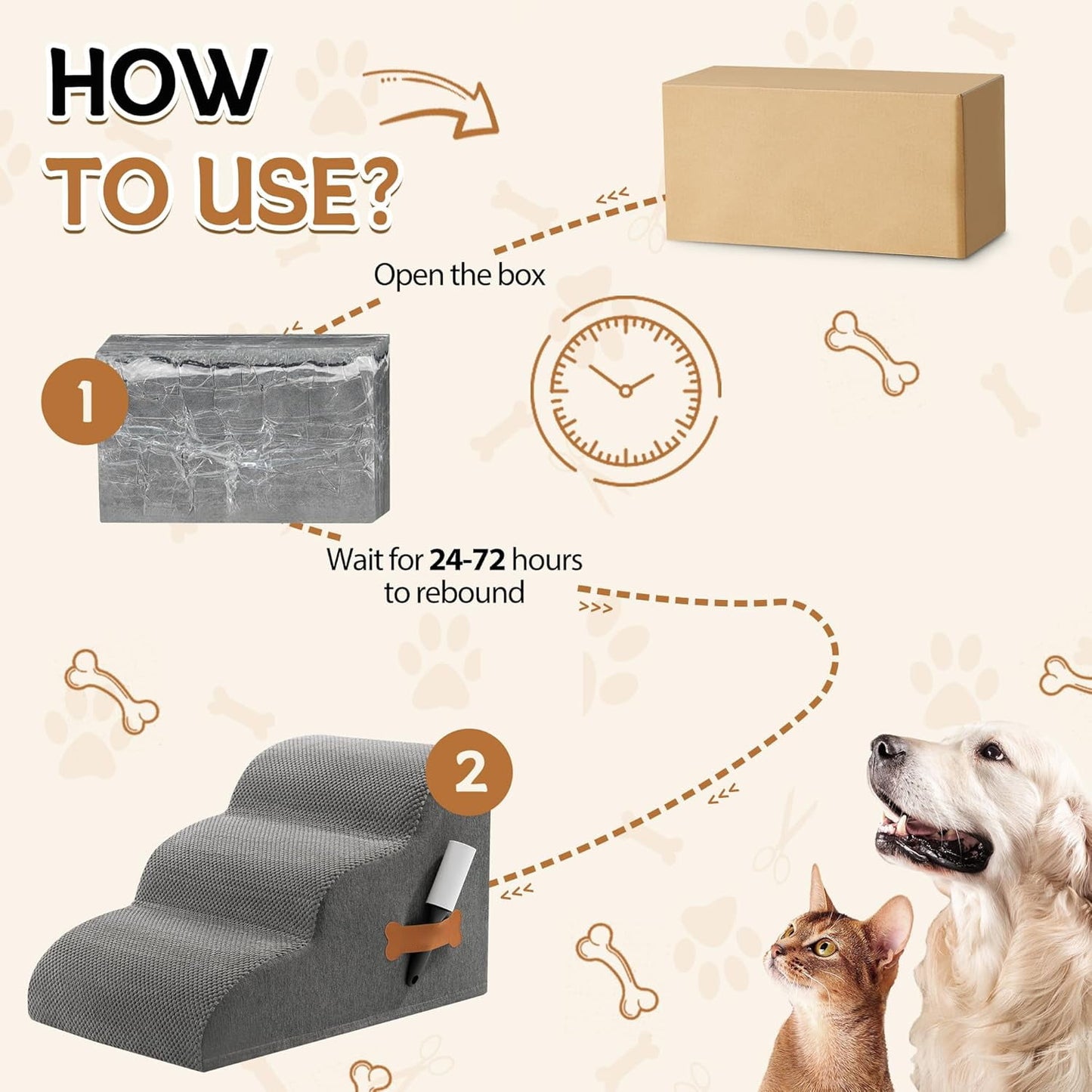 OEIKPFN 3 Tiers Dog Ramp and Stairs for Beds Or Couches - Non-Slip Sturdy Pet Steps - for Small Dogs to get on High Bed