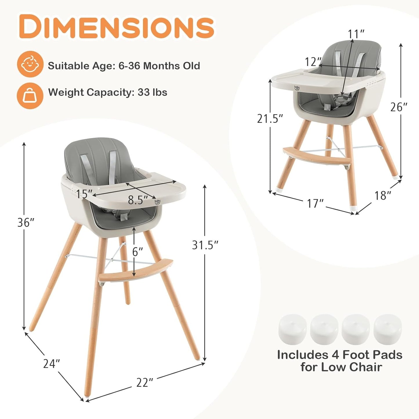 High Chair, 3-in-1 Convertible Wooden High Chair with Adjustable Legs & Removable Tray, Gray