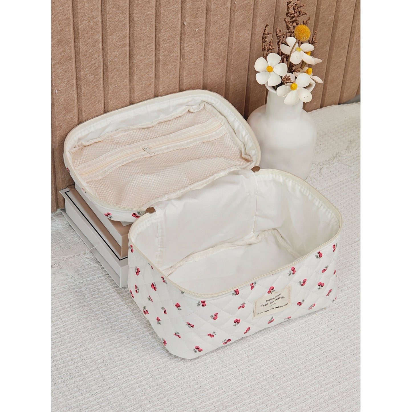3PCS Large Travel Quilted Makeup Bag for Women, Floral Cotton Cosmetic Bag, Coquette Aesthetic Floral Toiletry Organizer Bag, cherries