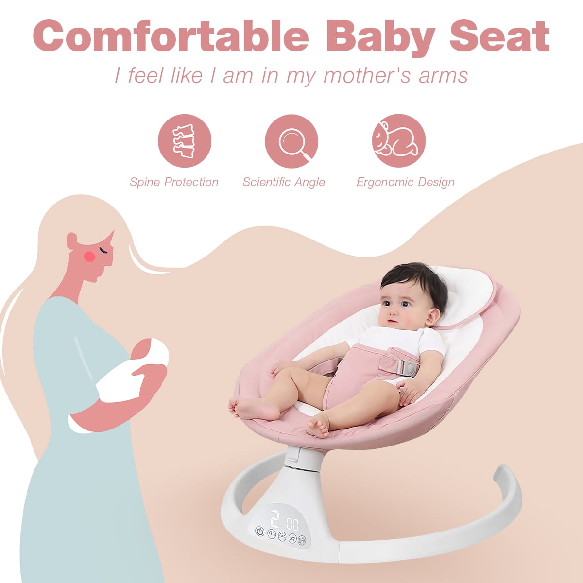 Yadala Electric Baby Swing, Portable Baby Swing for Infants Bouncer for Boy Girl with Bluetooth, Remote Control, 5 Speeds, 10 Music Pink