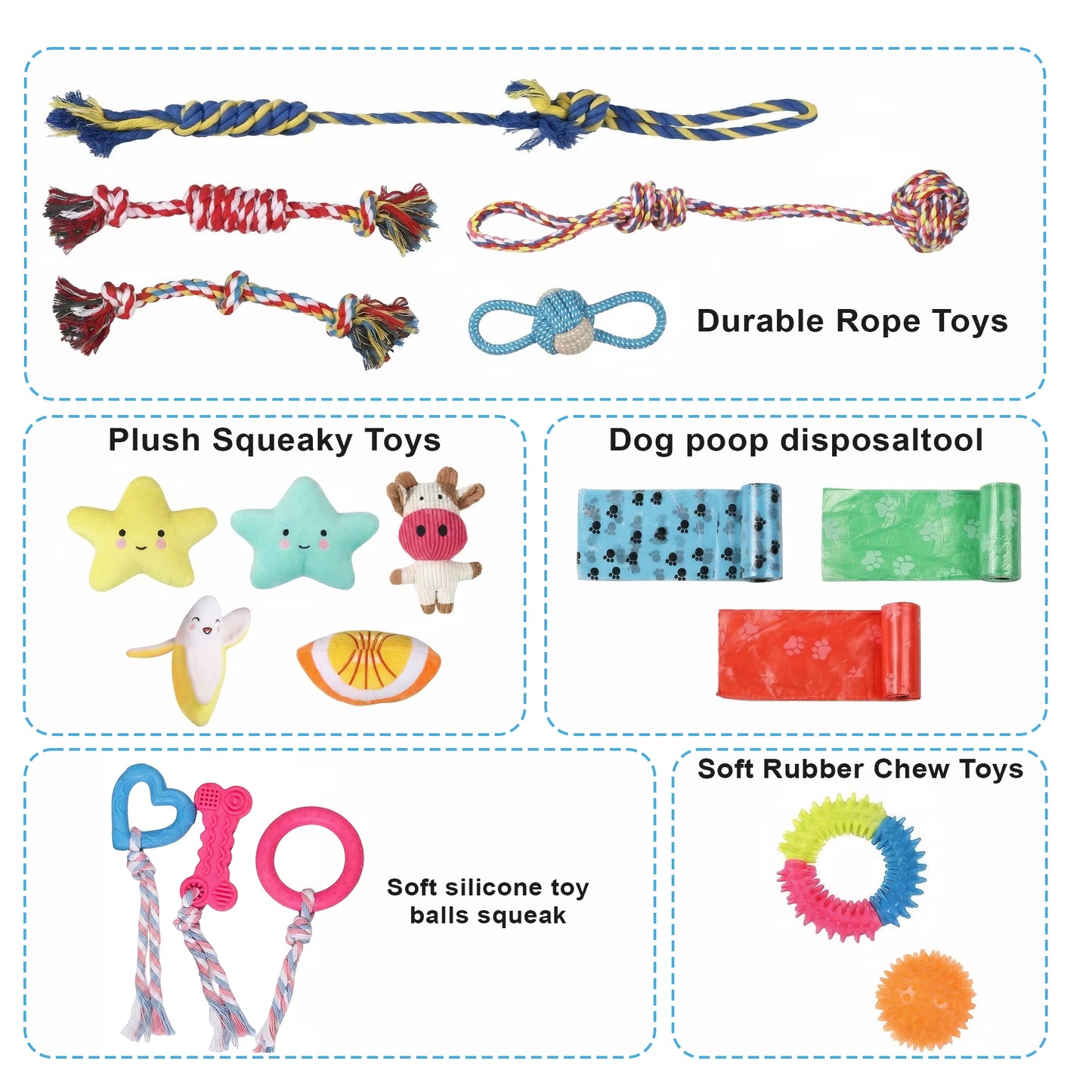 19Packs Dog Chew Toys for Teething, OEIKPFN Plush and Squeaky Toys with Rope Toy, Treat Balls for Small Medium Dogs