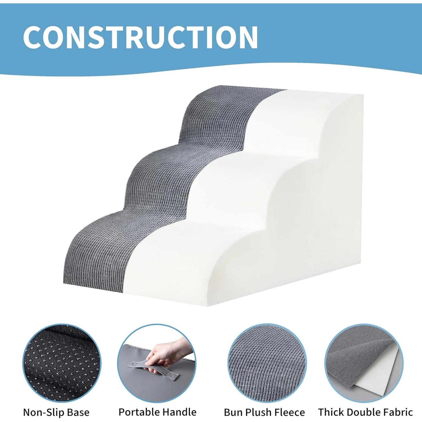 Dog Stairs for Small Dogs 15.7" H, OEIKPFN 3-Step Pet Stairs for Bed, Couch and Sofa, Curved Ramp Design for Puppies, Medium Pets and Older Cats, Gray