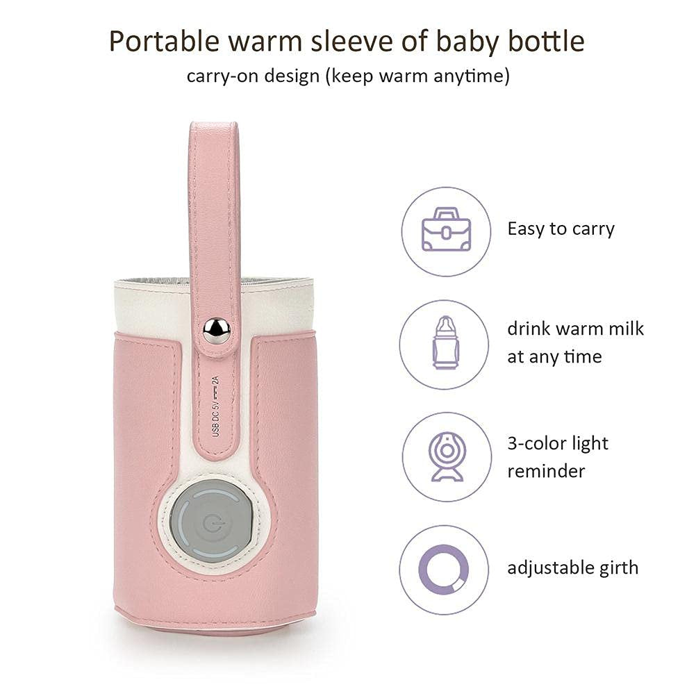 Bottle Warmer, Portable Baby Milk Warmer with 3 Levels Temperature for Breastfeeding Night Feeding Daily Use Travel, Pink