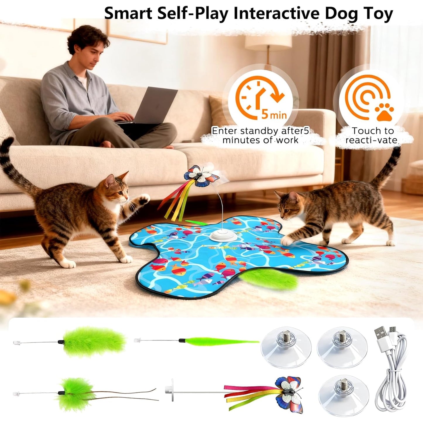 Interactive Cat Toys for Indoor Cats,[Newly Upgraded] Rechargeable Touch Activated Hide and Seek Kitten Toys for Bored Indoor Adult Cats with Fluttering