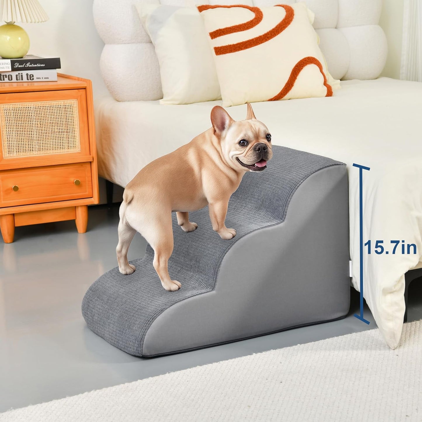 Dog Stairs for Small Dogs 15.7" H, OEIKPFN 3-Step Pet Stairs for Bed, Couch and Sofa, Curved Ramp Design for Puppies, Medium Pets and Older Cats, Gray