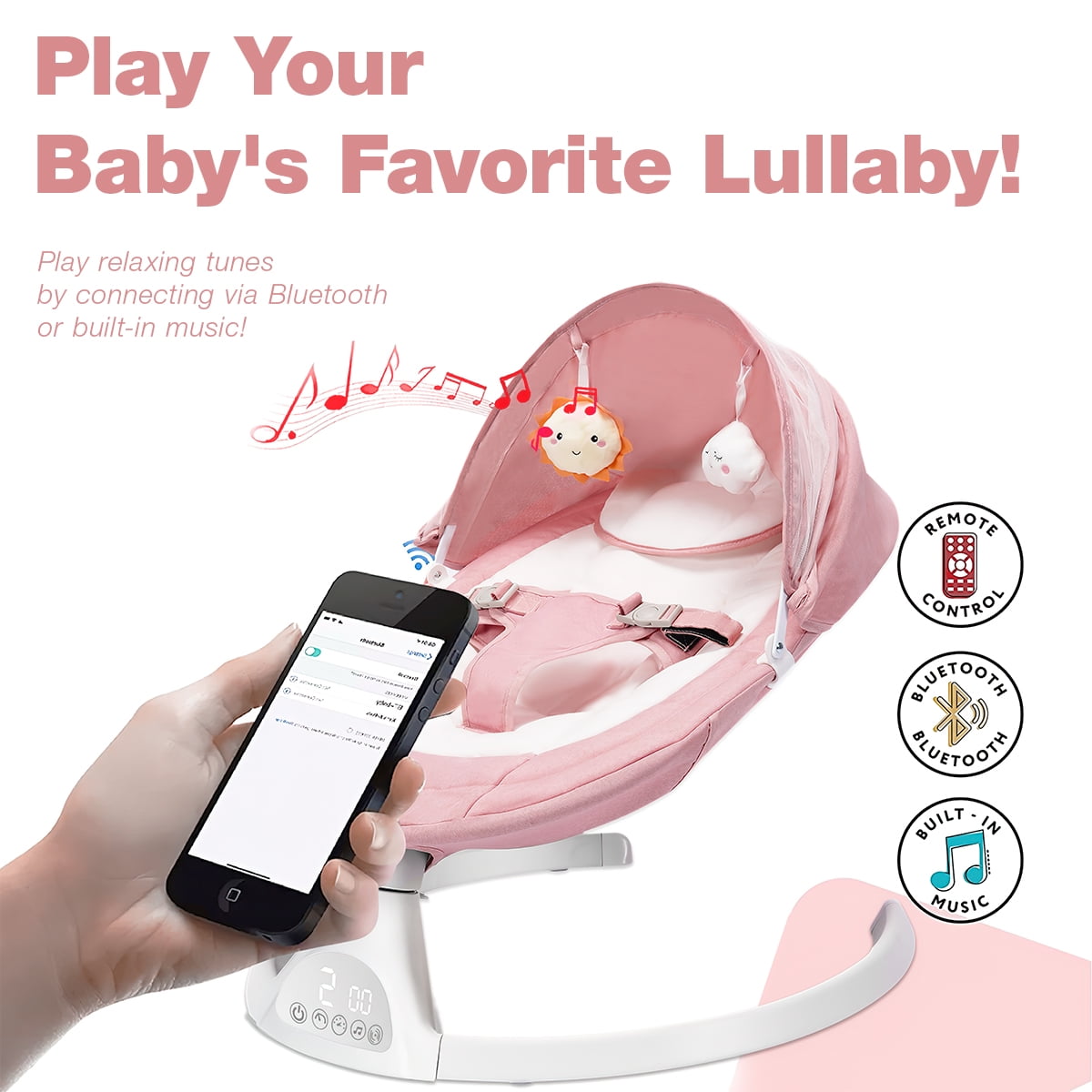 OEIKPFN Electric Baby Swing for Infants for Boy Girl with Bluetooth, Remote Control, 5 Speeds, 10 Music Pink