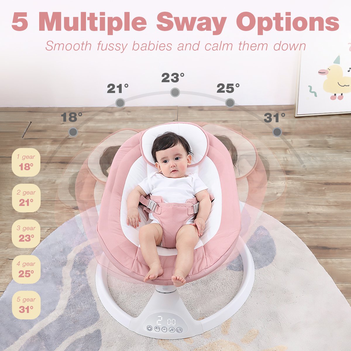 OEIKPFN Electric Baby Swing for Infants for Boy Girl with Bluetooth, Remote Control, 5 Speeds, 10 Music Pink