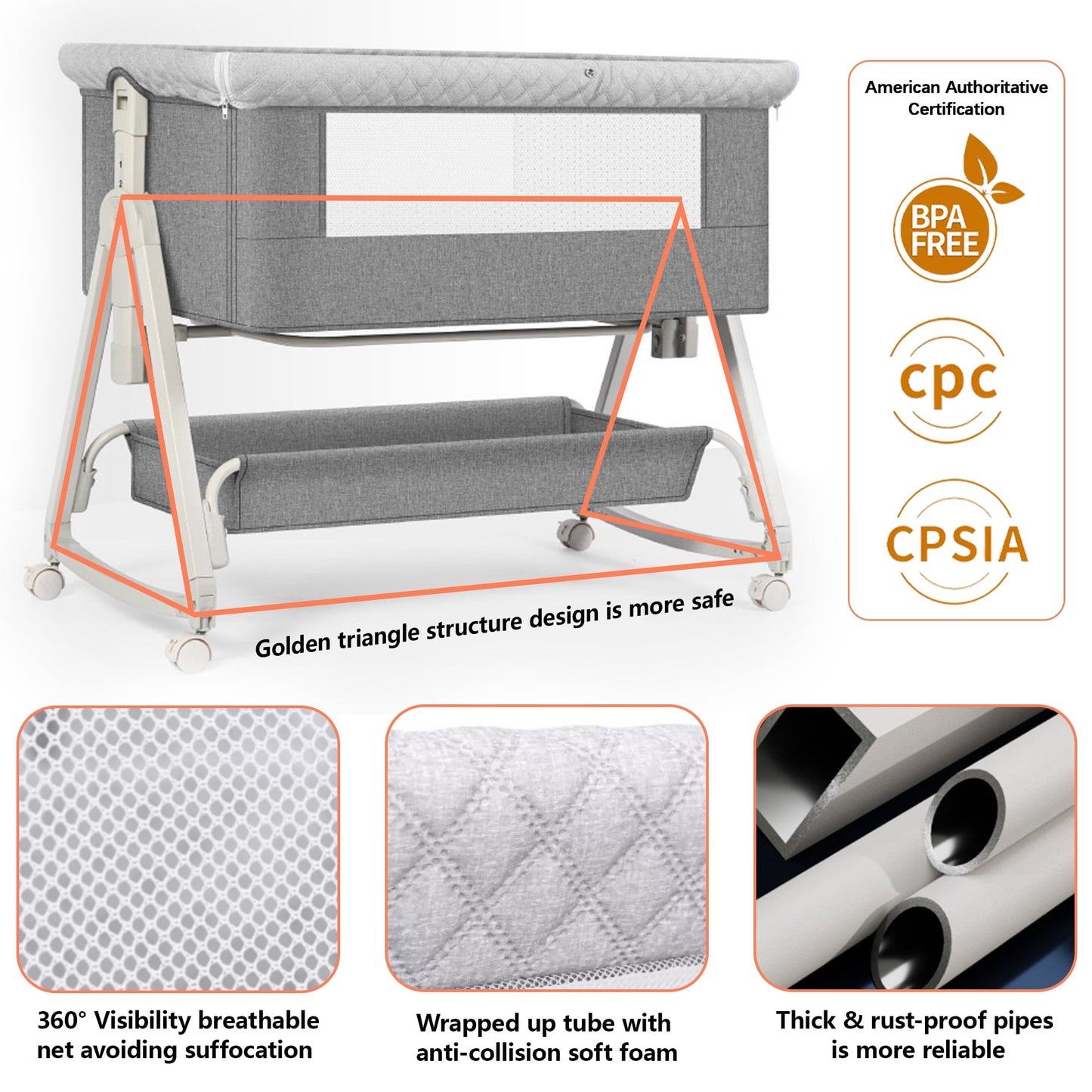 OEIKPFN Baby Bassinet, 3 in 1 Bedside Sleeper with Storage Basket, Easy to Fold Bedside Crib, 0-24 Month, Gray