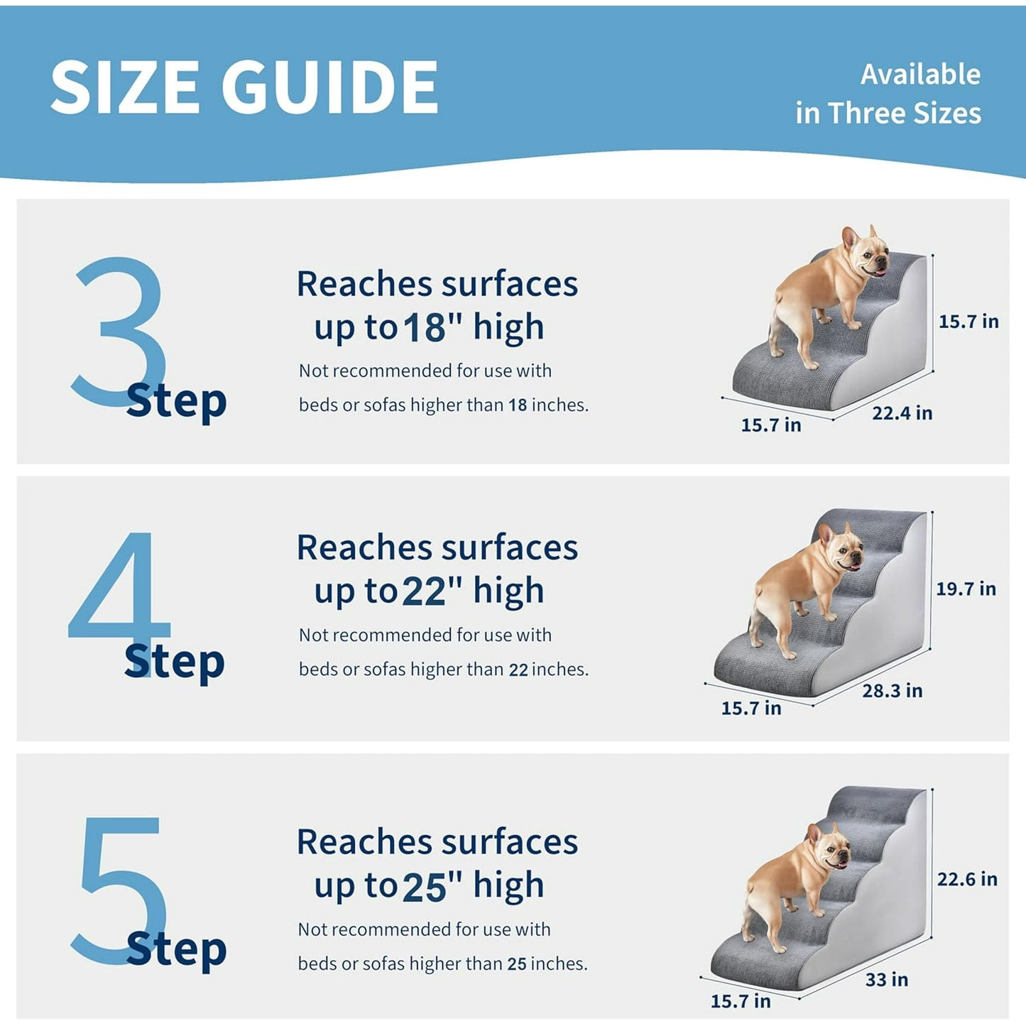 Dog Stairs for Small Dogs 15.7" H, OEIKPFN 3-Step Pet Stairs for Bed, Couch and Sofa, Curved Ramp Design for Puppies, Medium Pets and Older Cats, Gray