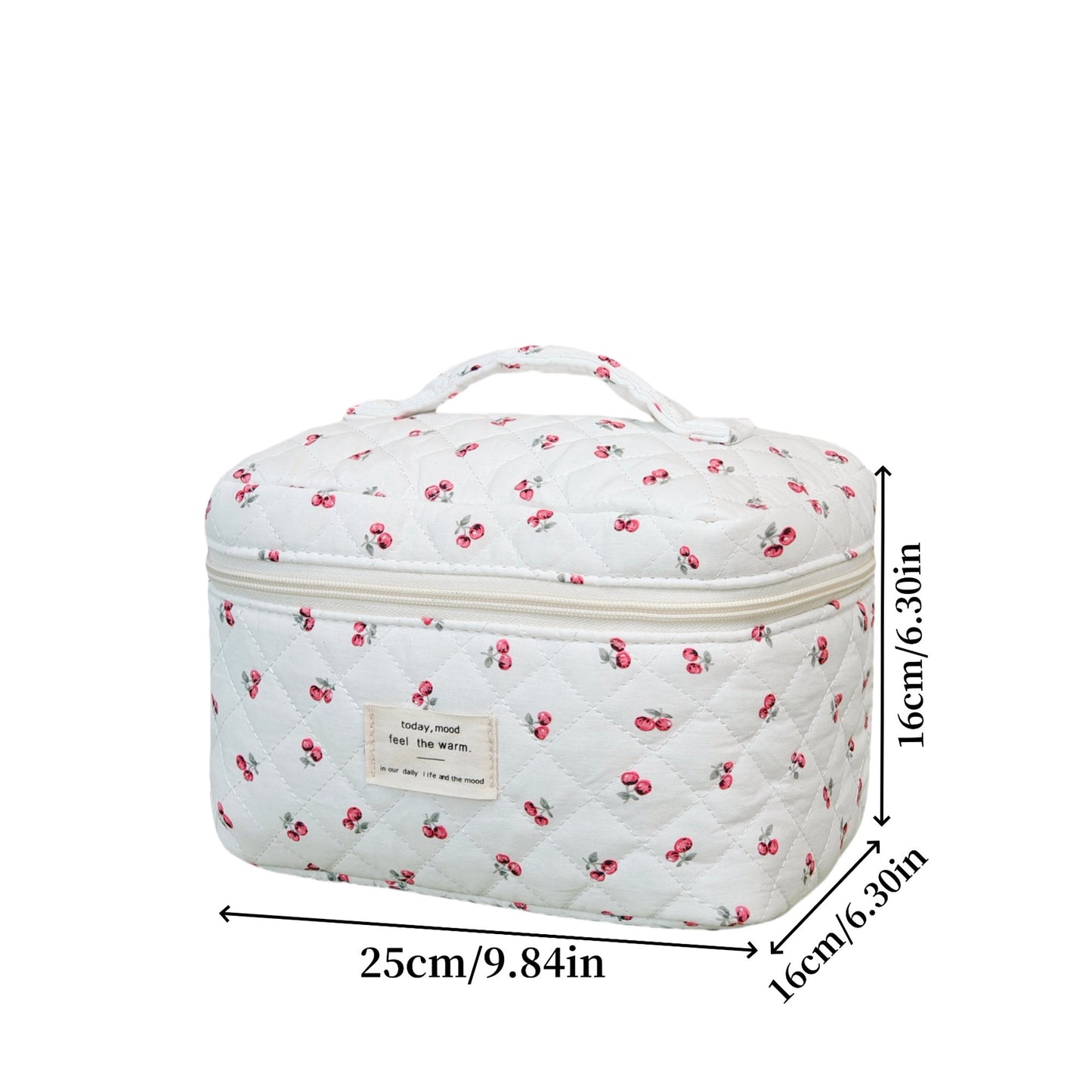 3PCS Large Travel Quilted Makeup Bag for Women, Floral Cotton Cosmetic Bag, Coquette Aesthetic Floral Toiletry Organizer Bag, cherries