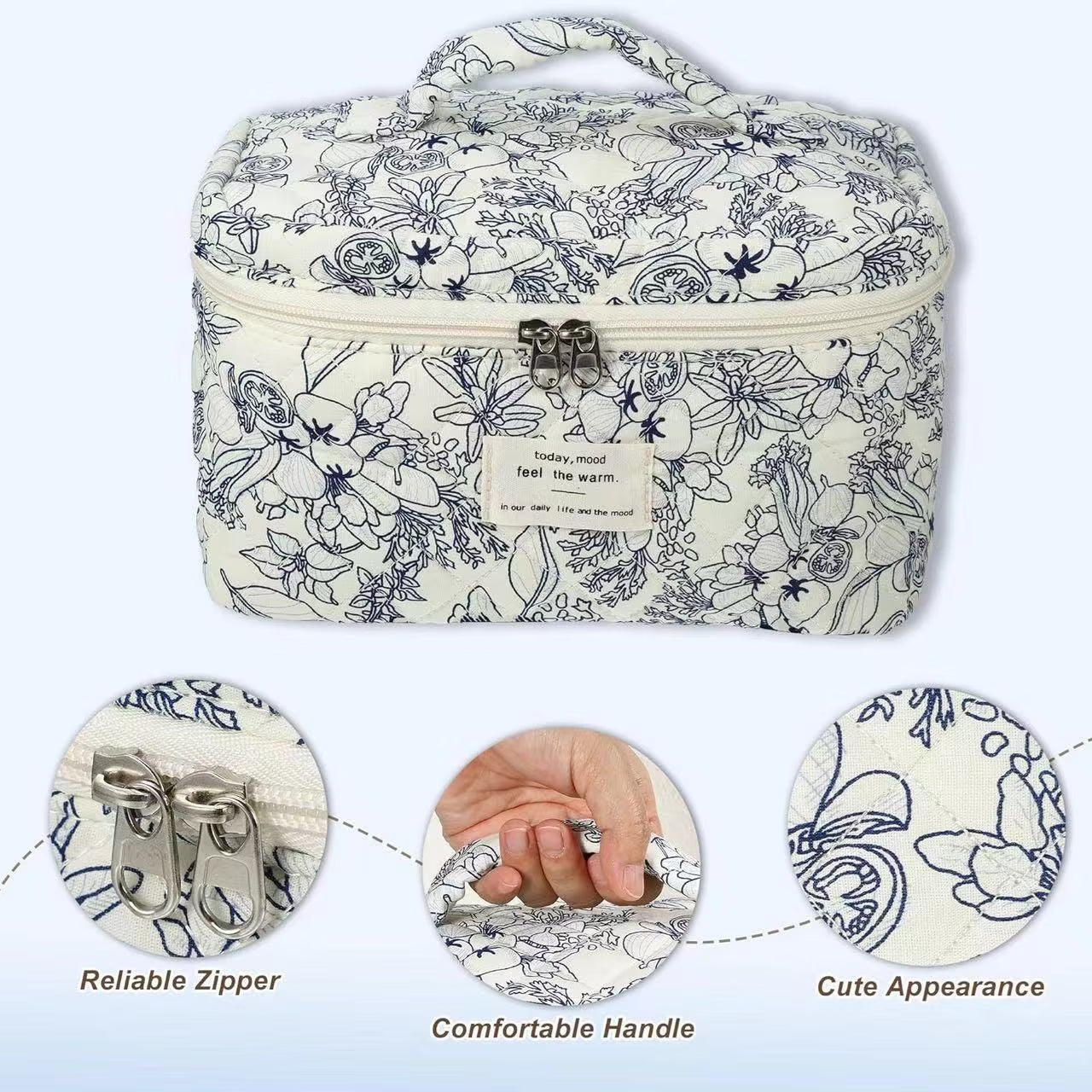 3PCS Large Travel Quilted Makeup Bag for Women, Floral Cotton Cosmetic Bag, Coquette Aesthetic Floral Toiletry Organizer Bag, Black Flower
