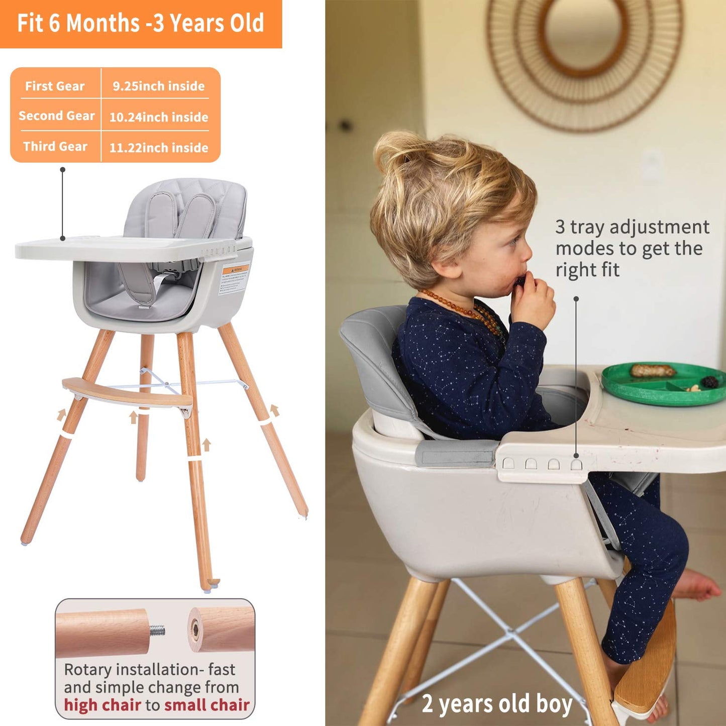 High Chair, 3-in-1 Convertible Wooden High Chair with Adjustable Legs & Removable Tray, Gray