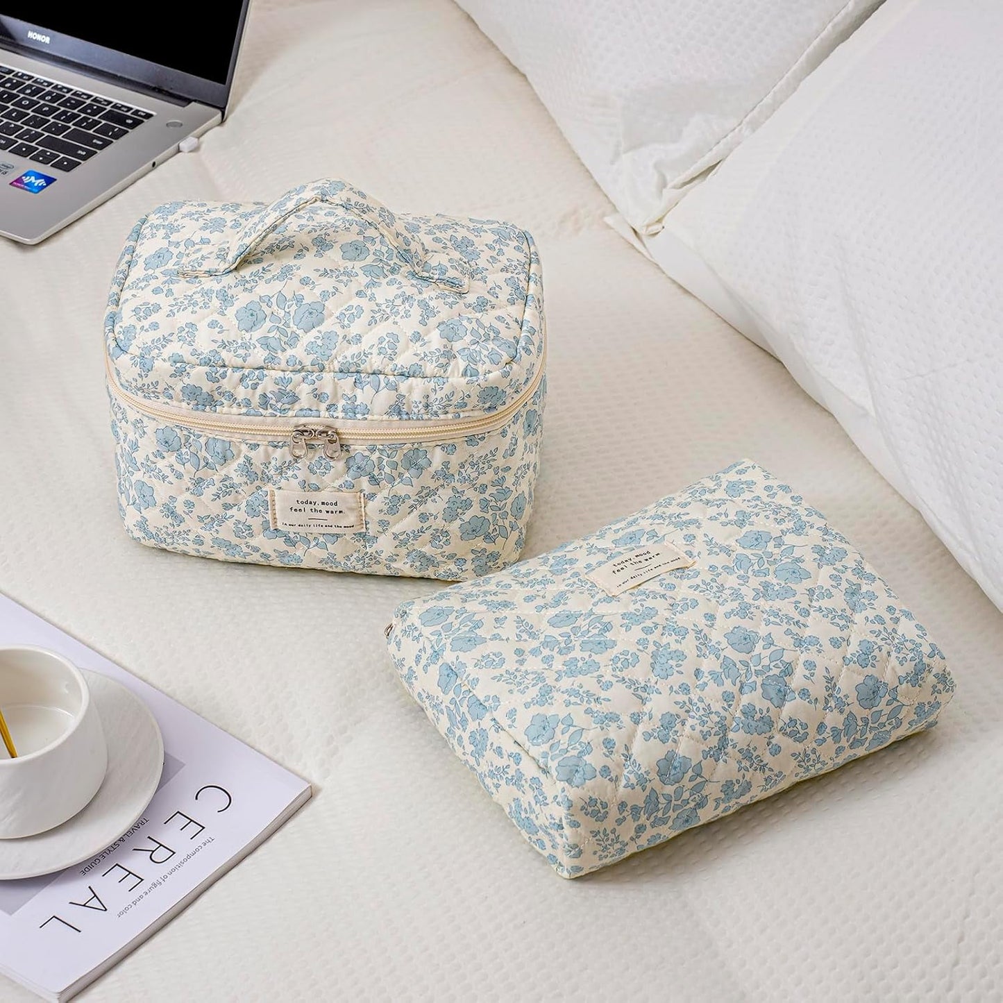 3PCS Large Travel Quilted Makeup Bag for Women, Floral Cotton Cosmetic Bag, Coquette Aesthetic Floral Toiletry Organizer Bag