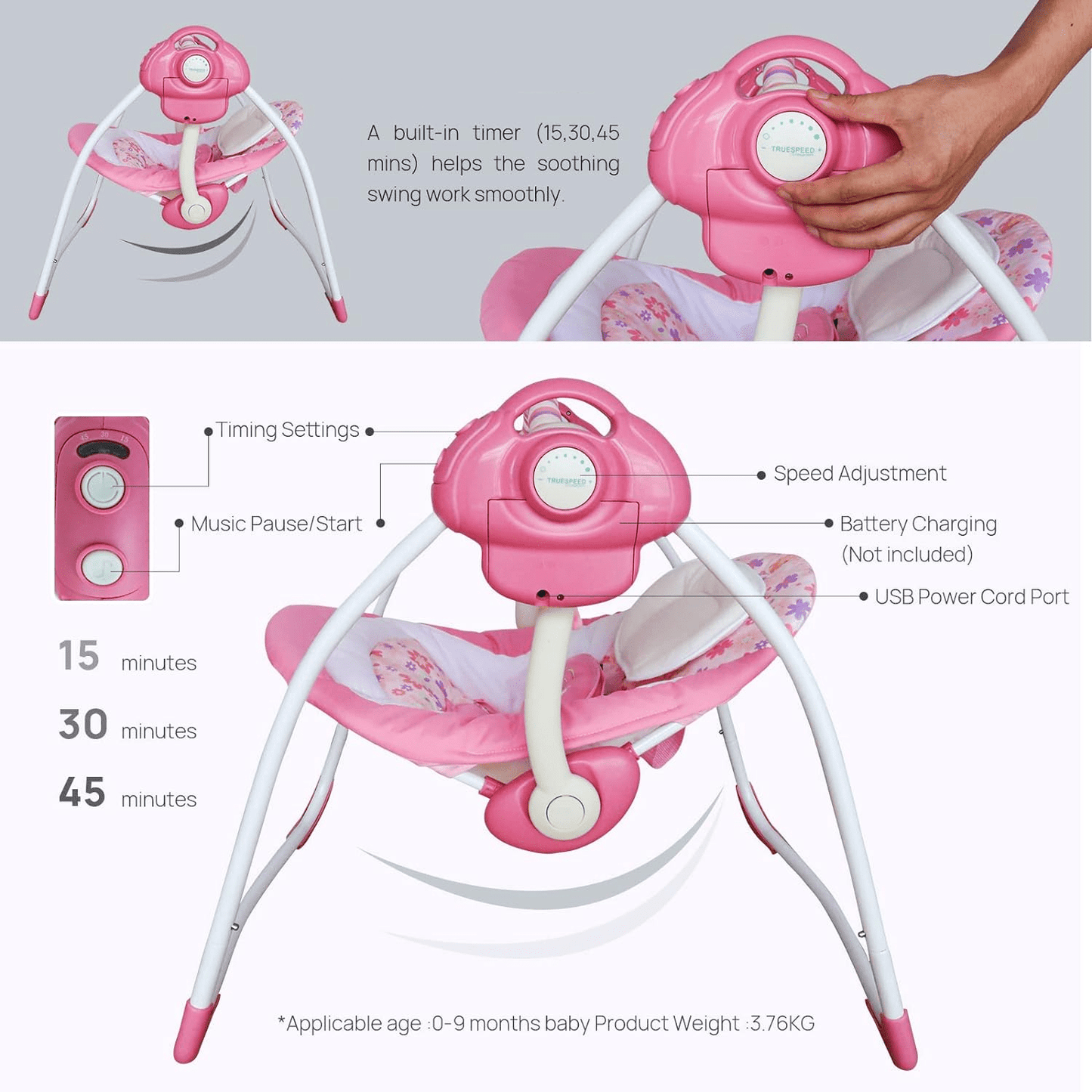 OEIKPFN Baby Swing, Foldable Baby Swing for Infants with Adaptable Speeds, Music, 0-9 Months, Pink