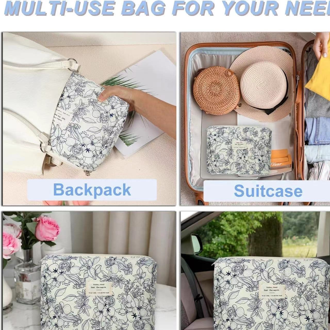 3PCS Large Travel Quilted Makeup Bag for Women, Floral Cotton Cosmetic Bag, Coquette Aesthetic Floral Toiletry Organizer Bag, Black Flower