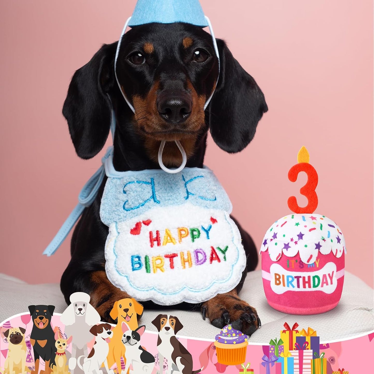 Dog Birthday Cake Toy Accessories for Girl Boy Gifts, Squeaky Plush Toy for Dog Birthday Party Decor Favor for Large, Medium and Small Dogs(3rd,Pink)