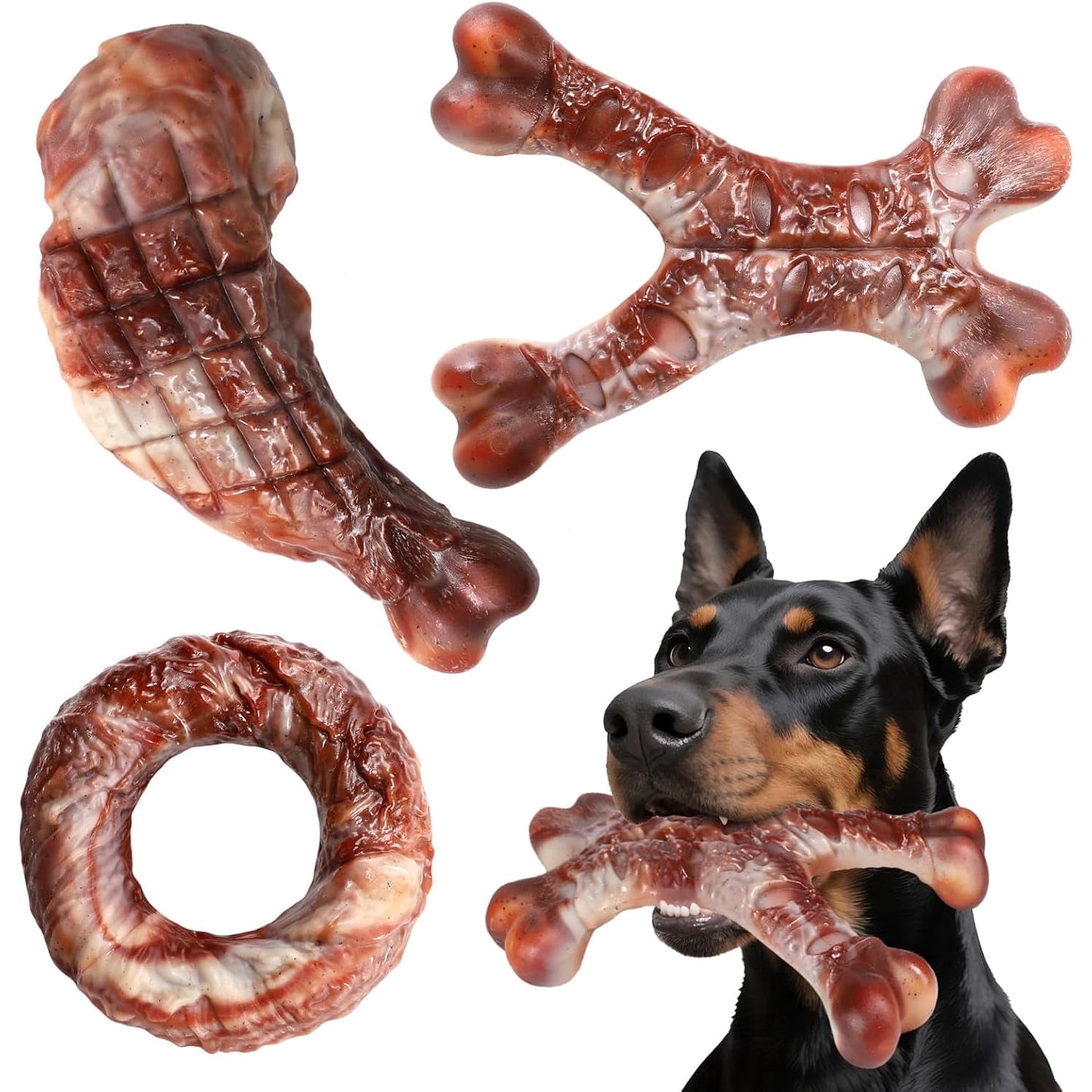 Dog Toys for Aggressive Chewers - 3 Pack Bacon Flavored Indestructible Dog Toy, Big Tough Chew Bone for Medium Large Breed 25-80lbs to Keep Them Busy, Happy Dog Gift (Brown)