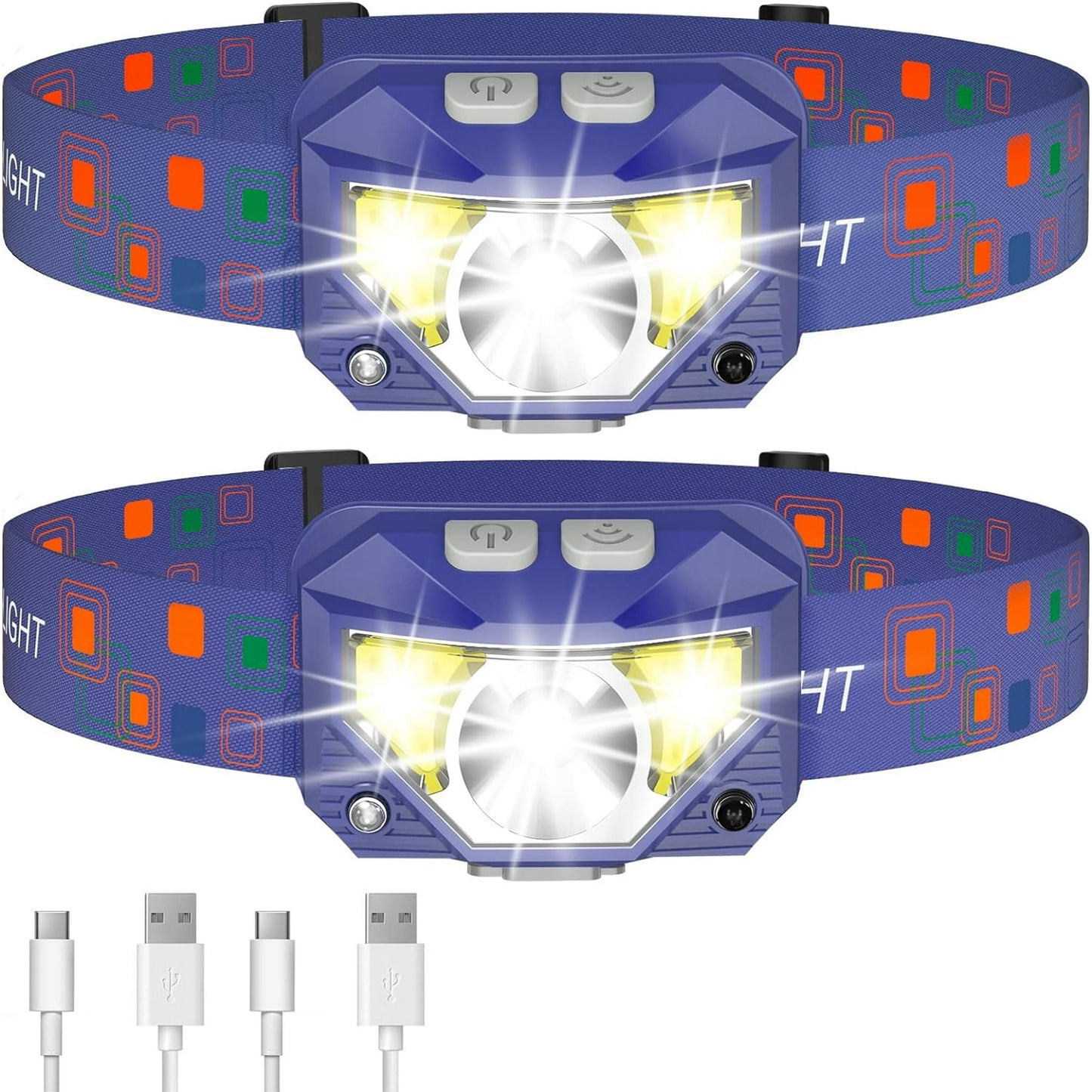 Headlamp Flashlight, High Lumen Bright LED Rechargeable Headlight with White Red Light, 2-Pack Waterproof Motion Sensor Head Lamp, 8 Mode for Camping Running Hiking Fishing Gear- Pink