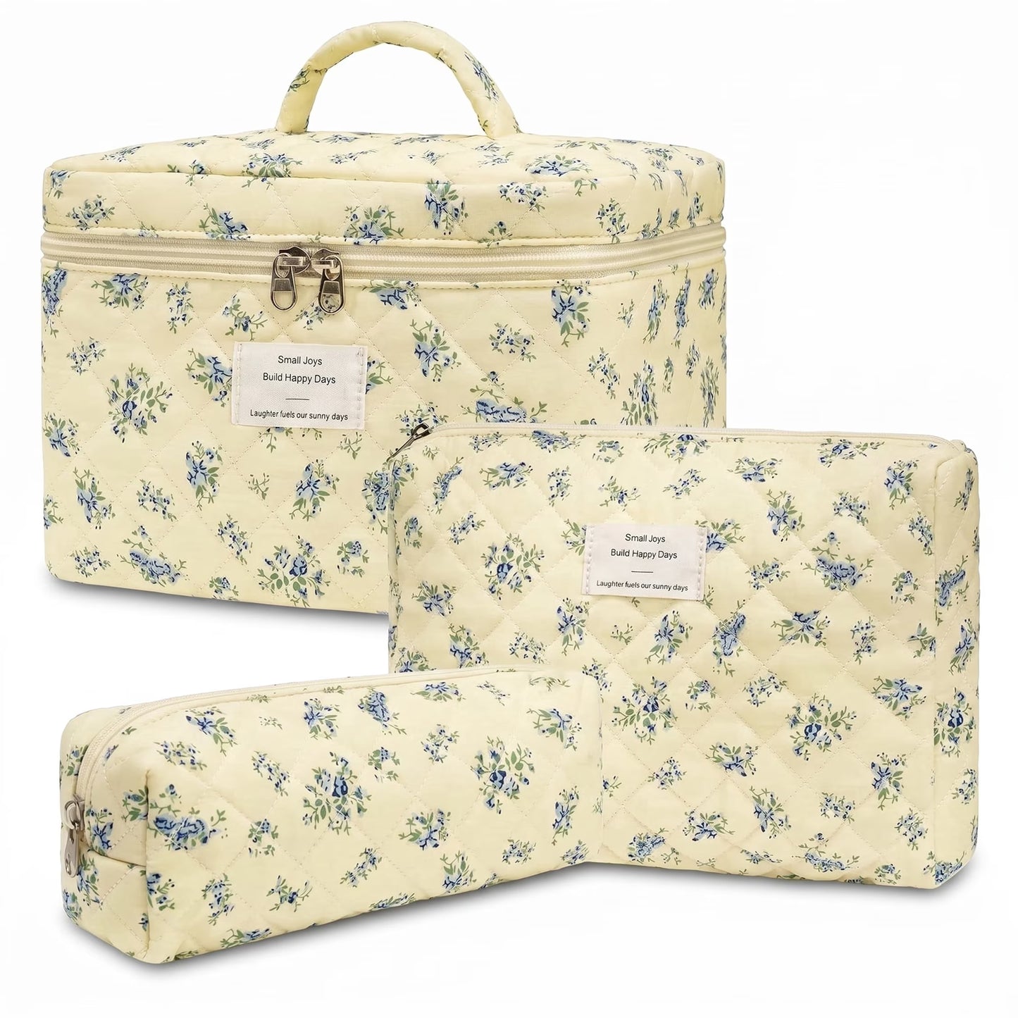 Large Travel Quilted Makeup Bag for Women, Floral Cotton Cosmetic Bag, Coquette Aesthetic Floral Toiletry Organizer Bag, Blue gourd