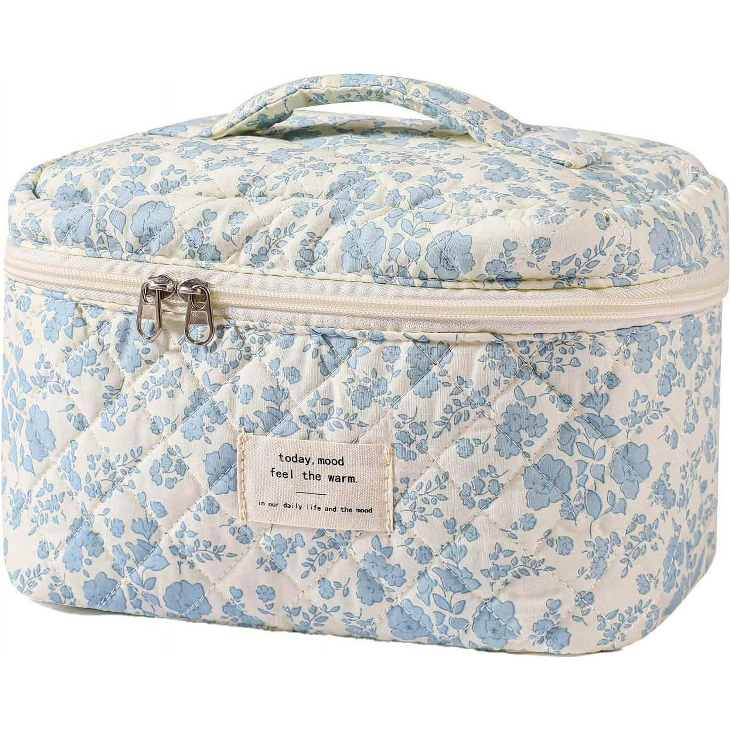 Large Travel Quilted Makeup Bag for Women, Floral Cotton Cosmetic Bag, Coquette Aesthetic Floral Toiletry Organizer Bag