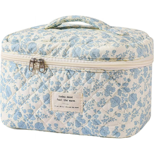 Large Travel Quilted Makeup Bag for Women, Floral Cotton Cosmetic Bag, Coquette Aesthetic Floral Toiletry Organizer Bag