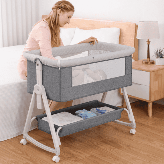 OEIKPFN Baby Bassinet, 3 in 1 Bedside Sleeper with Storage Basket, Easy to Fold Bedside Crib, 0-24 Month, Gray
