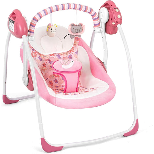 OEIKPFN Baby Swing, Foldable Baby Swing for Infants with Adaptable Speeds, Music, 0-9 Months, Pink