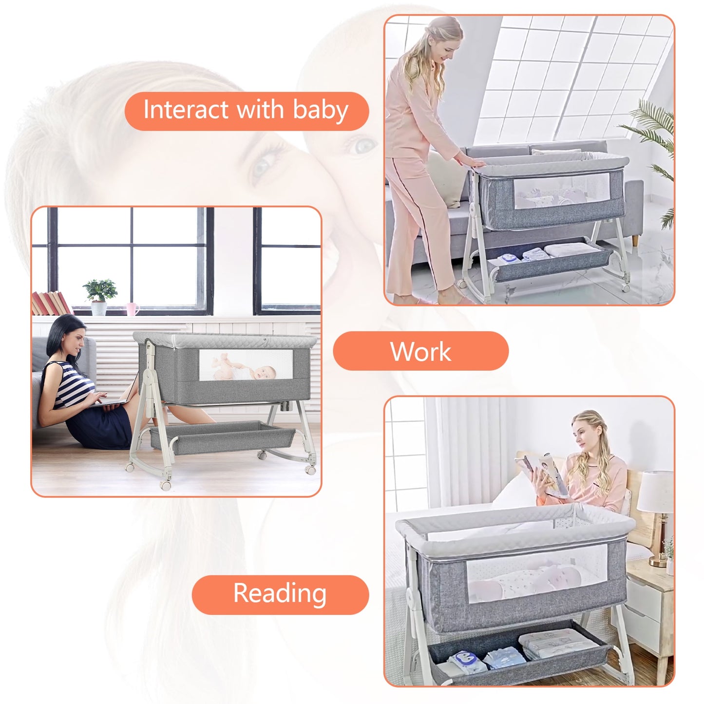 OEIKPFN Baby Bassinet, 4 in 1 Bedside Sleeper with Storage Basket, Easy to Fold Bedside Crib, 0-18 Month, Gray