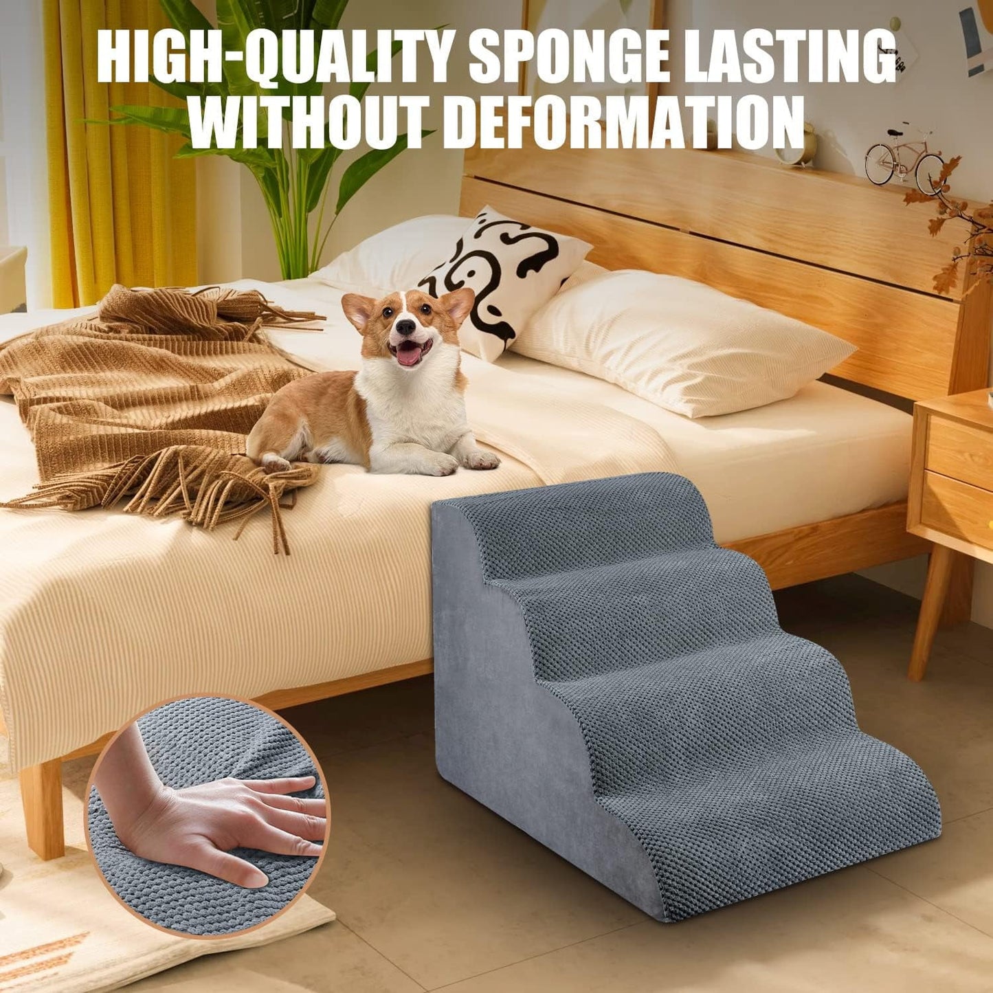 Dog Stairs for High Beds, 15.7" OEIKPFN 4-Step Dog Steps for Couch, Stable Indoor Pet Stairs for Small Dogs and Cats, Non-Slip, Gray