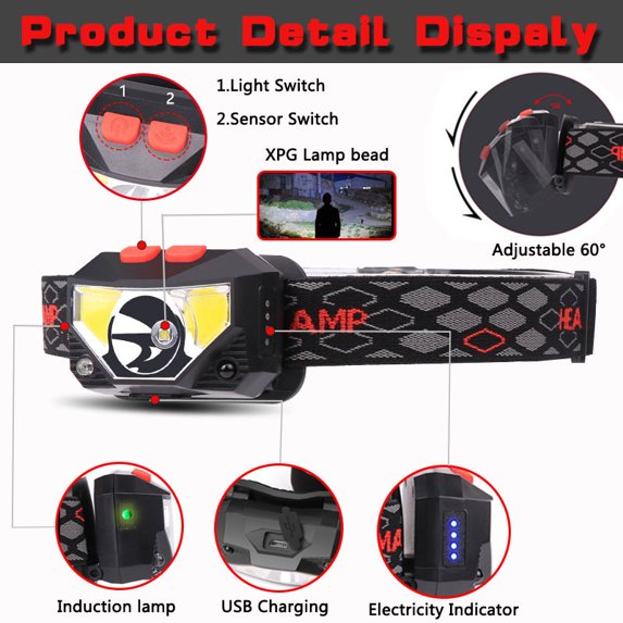 Headlamp Flashlight, Lumen Ultra-Light Bright LED Rechargeable Headlight with White Red Light, 2-Pack Waterproof Motion Sensor Head Lamp,8 Modes for Outdoor Camping Running Hiking Fishing