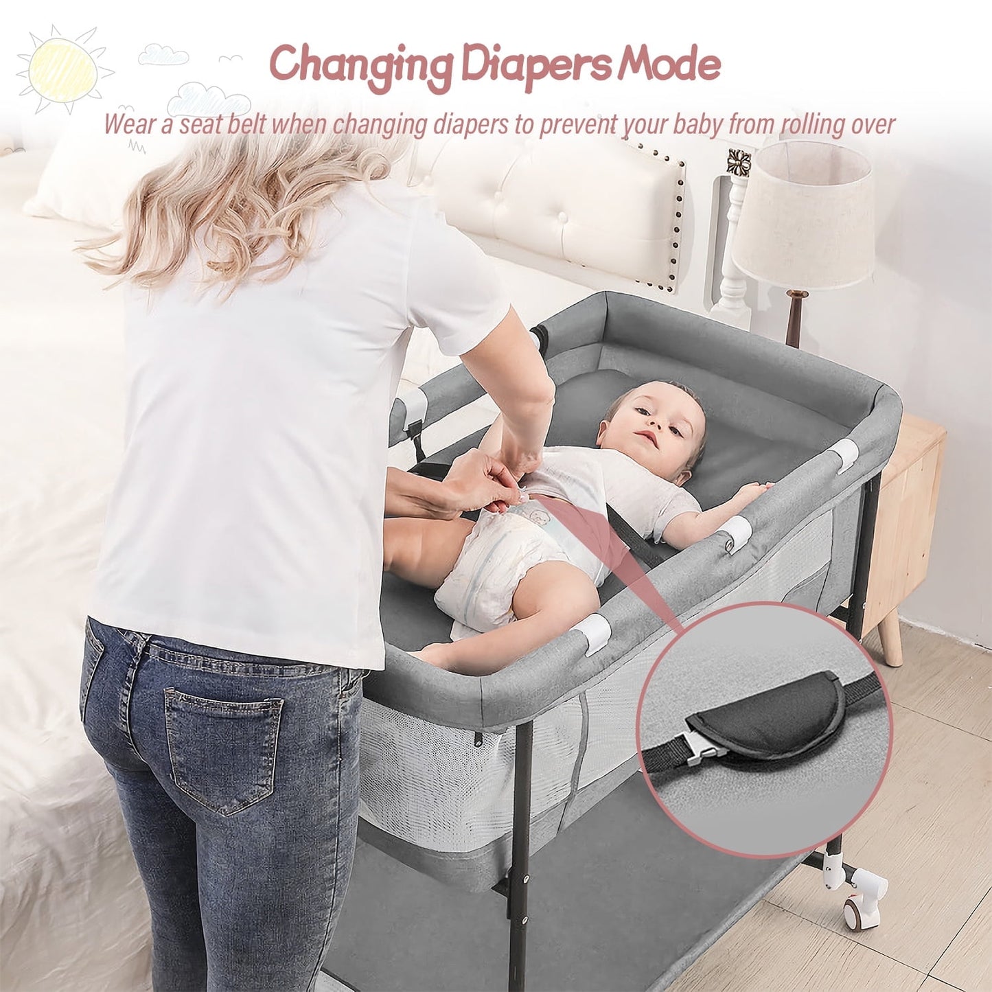 Bedside Bassinet, 4 in 1 Portable Rocking Bassinet for Baby Newborn with Mattress & Diaper Pad, Grey