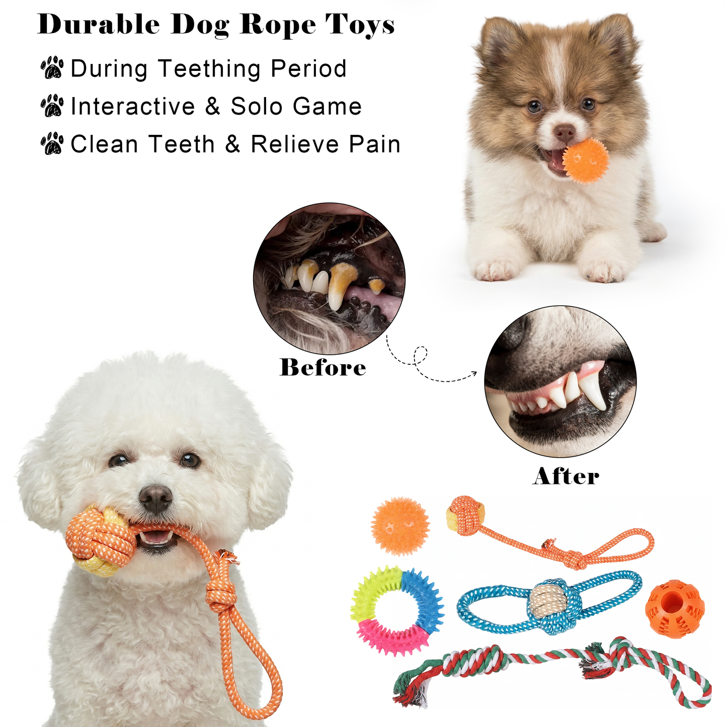 8Pcs Puppy Dog Chew Toys for Teething, Plush and Squeaky Toys with Rope, Treat Balls for Small Medium Dogs