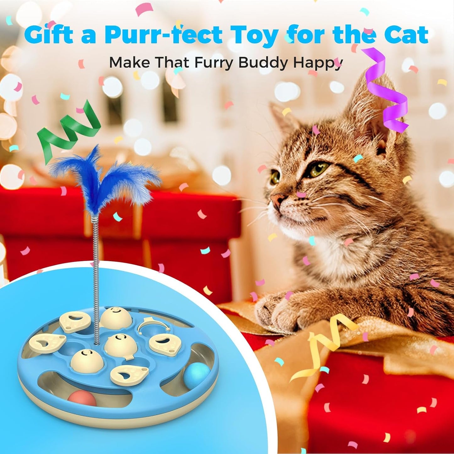 Cat Puzzle Toys Games Level 3 in 1 with Track Balls, Feather Teaser & Treat Feeder | Non-Slip Base | Mental Stimulation Enrichment for Indoor Cats | Kitty Gift, Blue