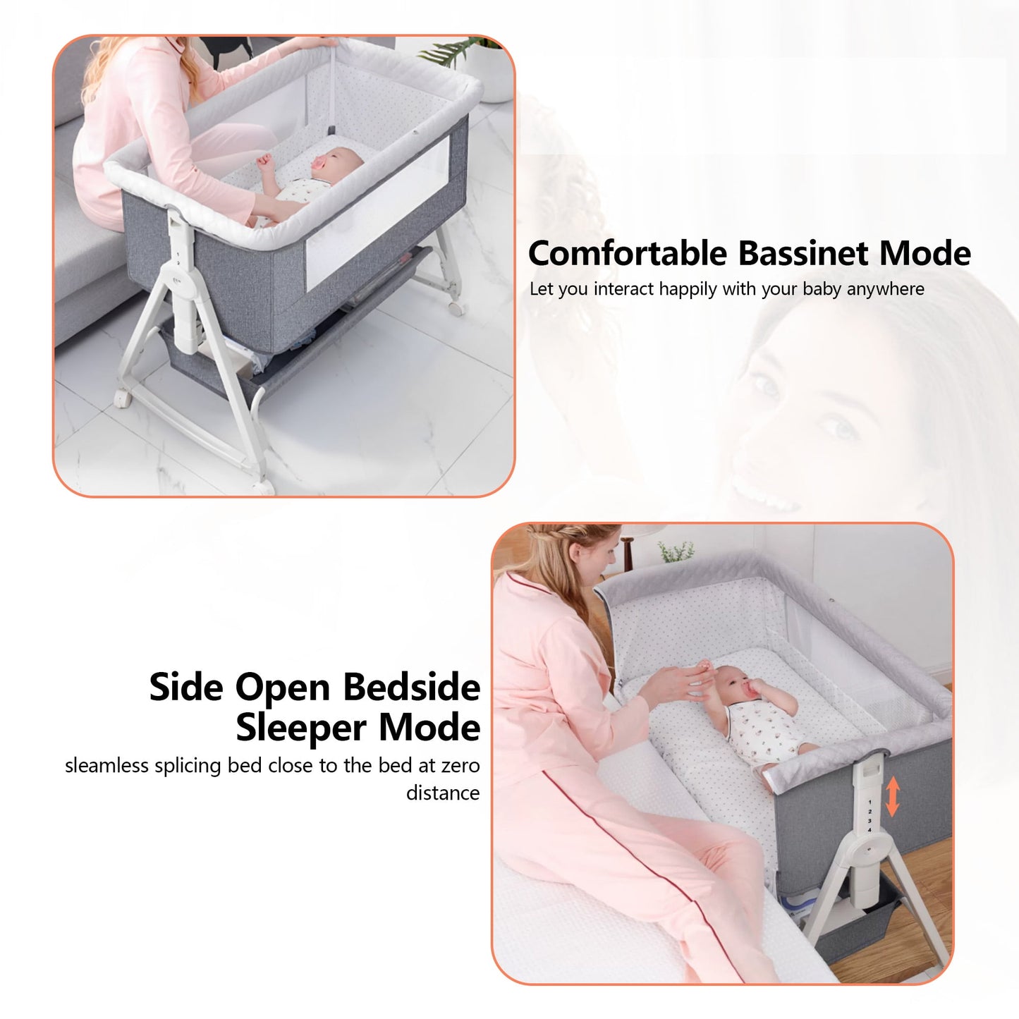 OEIKPFN Baby Bassinet, 4 in 1 Bedside Sleeper with Storage Basket, Easy to Fold Bedside Crib, 0-18 Month, Gray
