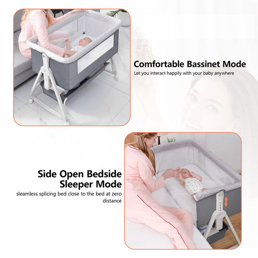 OEIKPFN Baby Bassinet, 4 in 1 Bedside Sleeper with Storage Basket, Easy to Fold Bedside Crib, 0-18 Month, Gray