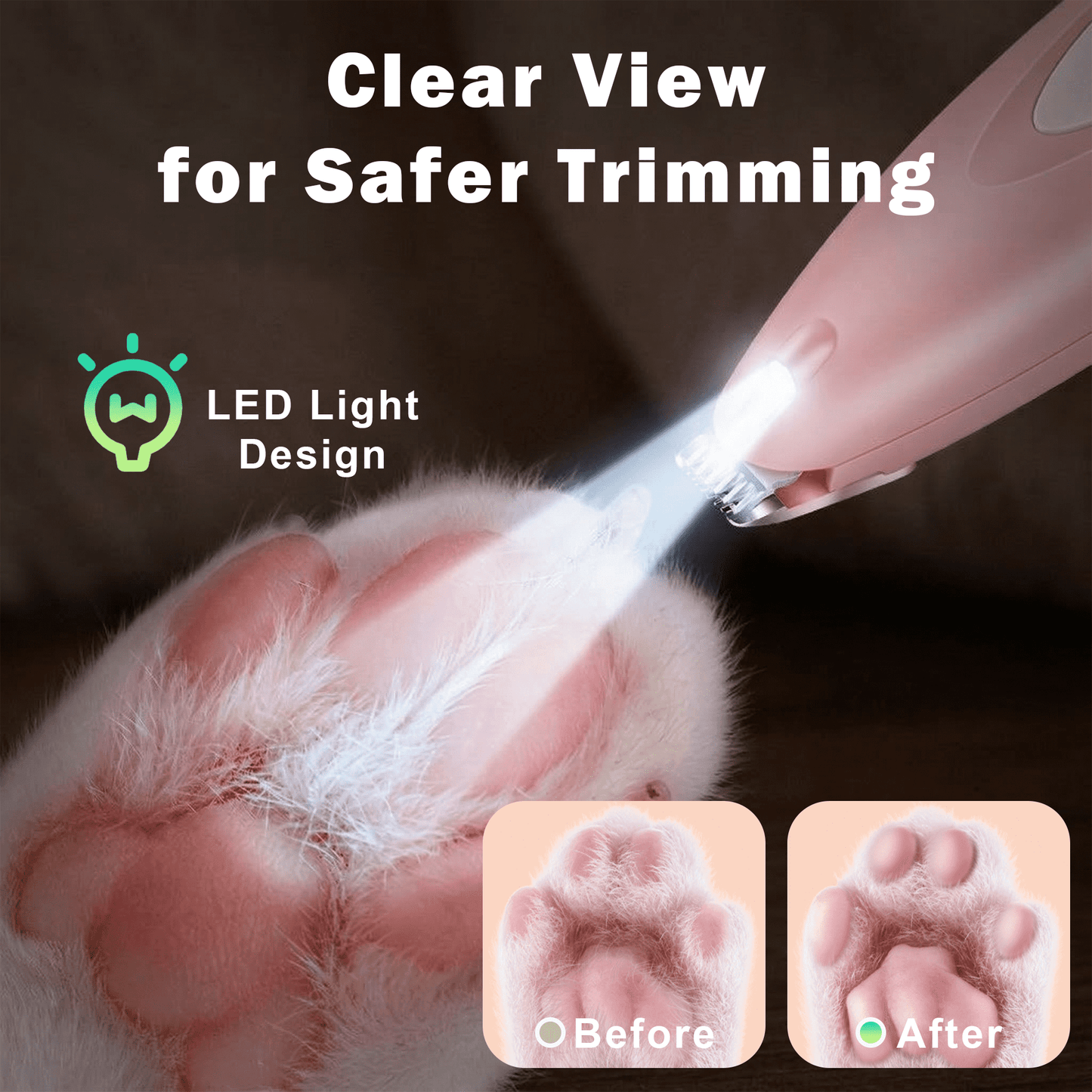 OEIKPFN Low Noise Dog Paw Trimmer with LED Light, 35dB Cordless Electric Pet Paw Grooming Clippers for Paws, Ears, Face, Rump (Pink)
