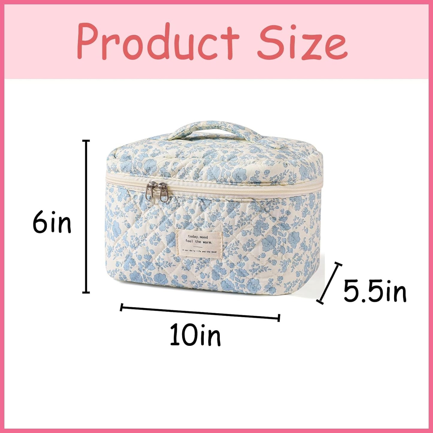Large Travel Quilted Makeup Bag for Women, Floral Cotton Cosmetic Bag, Coquette Aesthetic Floral Toiletry Organizer Bag